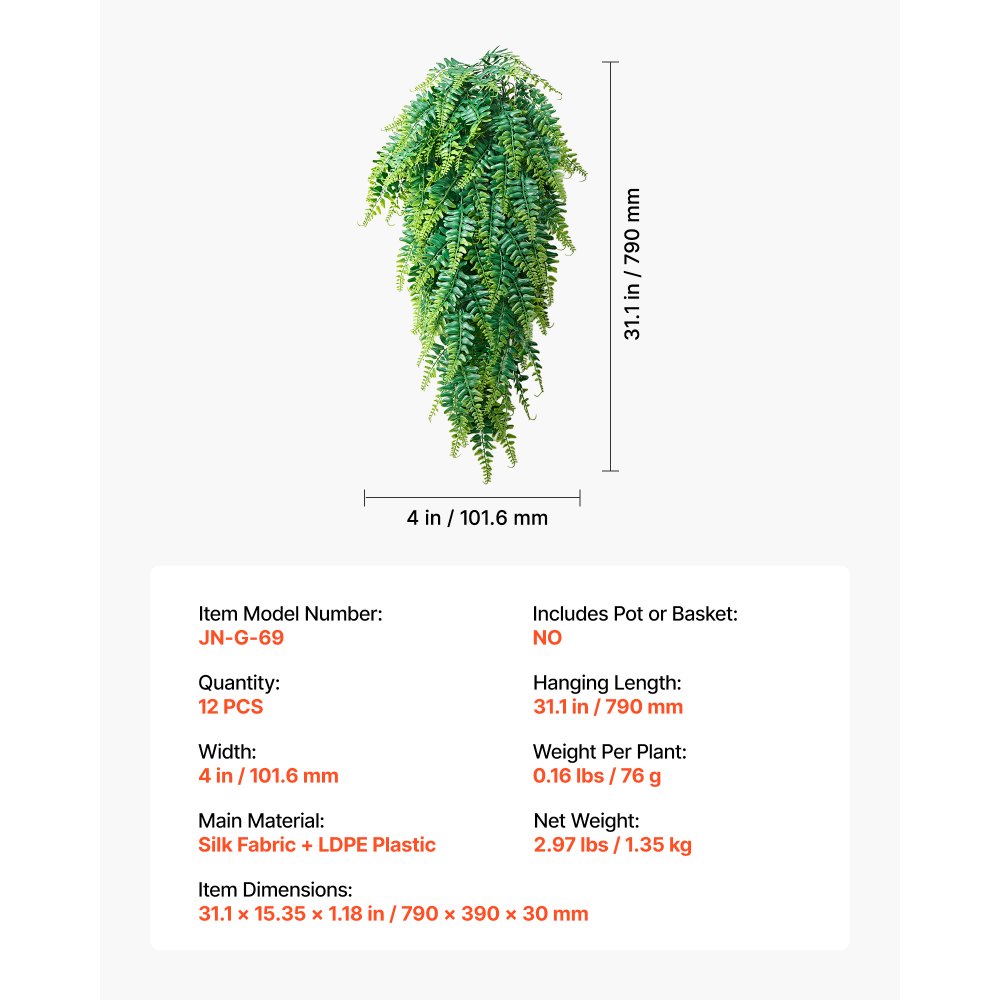 VEVOR Artificial Ferns, 12 Pcs Fake Hanging Boston Fern Bush Plant with 813 mm Hanging Length, Plastic Faux Greenery for Indoor/Outdoor Decor, For Wall, Wedding Party, Home, Porch Garden, No Basket
