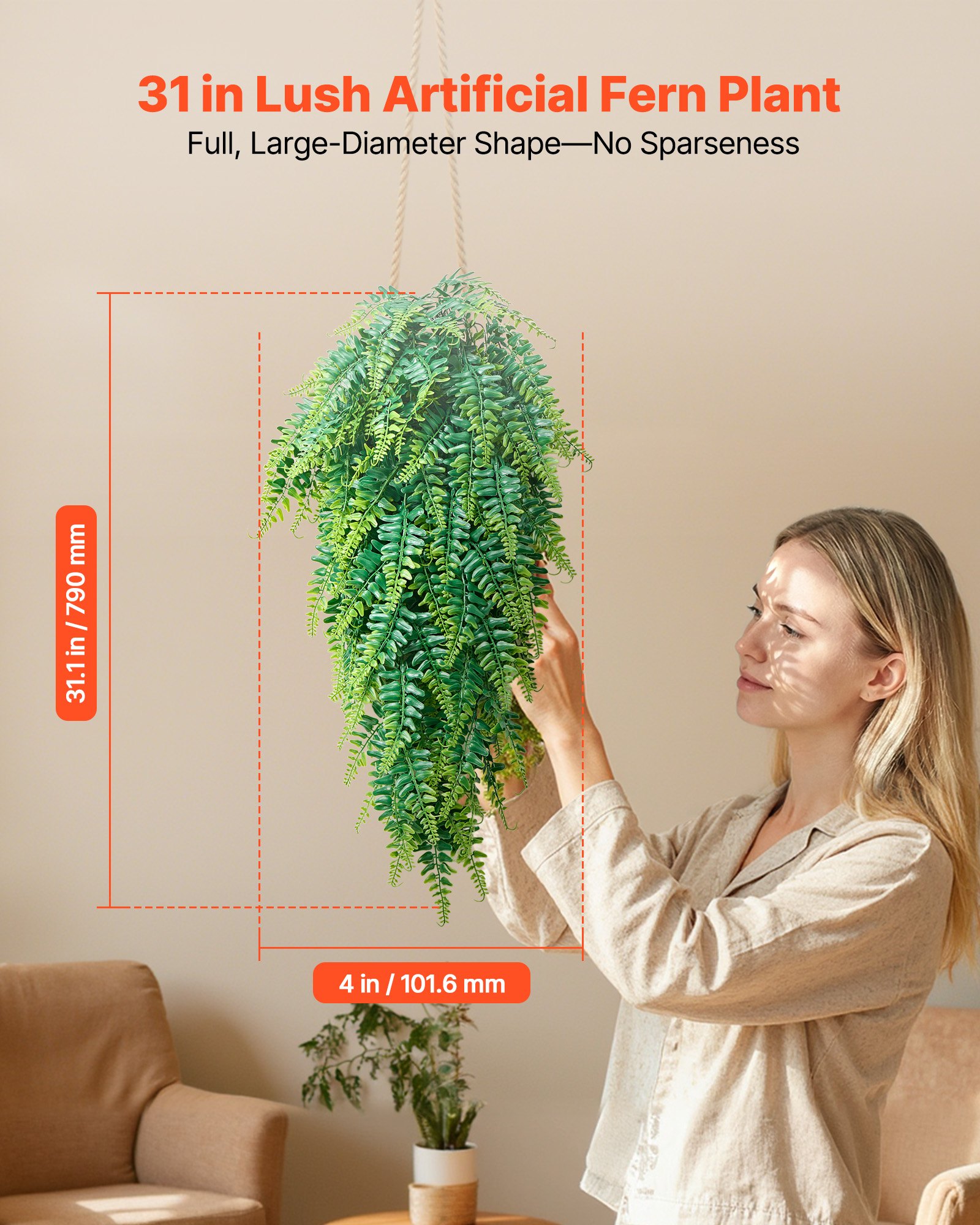 VEVOR Artificial Ferns, 12 Pcs Fake Hanging Boston Fern Bush Plant with 813 mm Hanging Length, Plastic Faux Greenery for Indoor/Outdoor Decor, For Wall, Wedding Party, Home, Porch Garden, No Basket