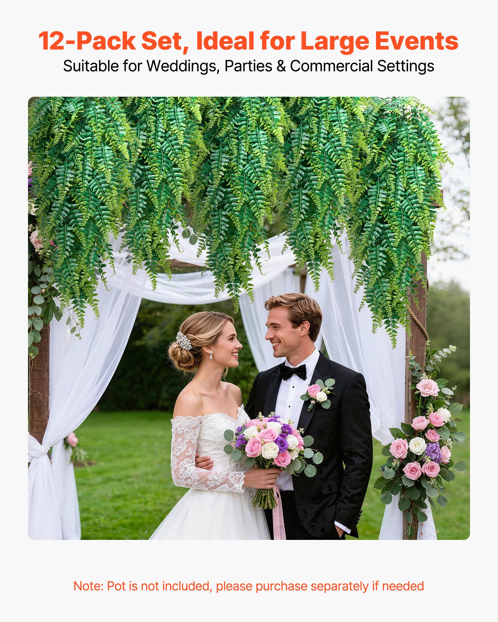 VEVOR Artificial Ferns, 12 Pcs Fake Hanging Boston Fern Bush Plant with 813 mm Hanging Length, Plastic Faux Greenery for Indoor/Outdoor Decor, For Wall, Wedding Party, Home, Porch Garden, No Basket