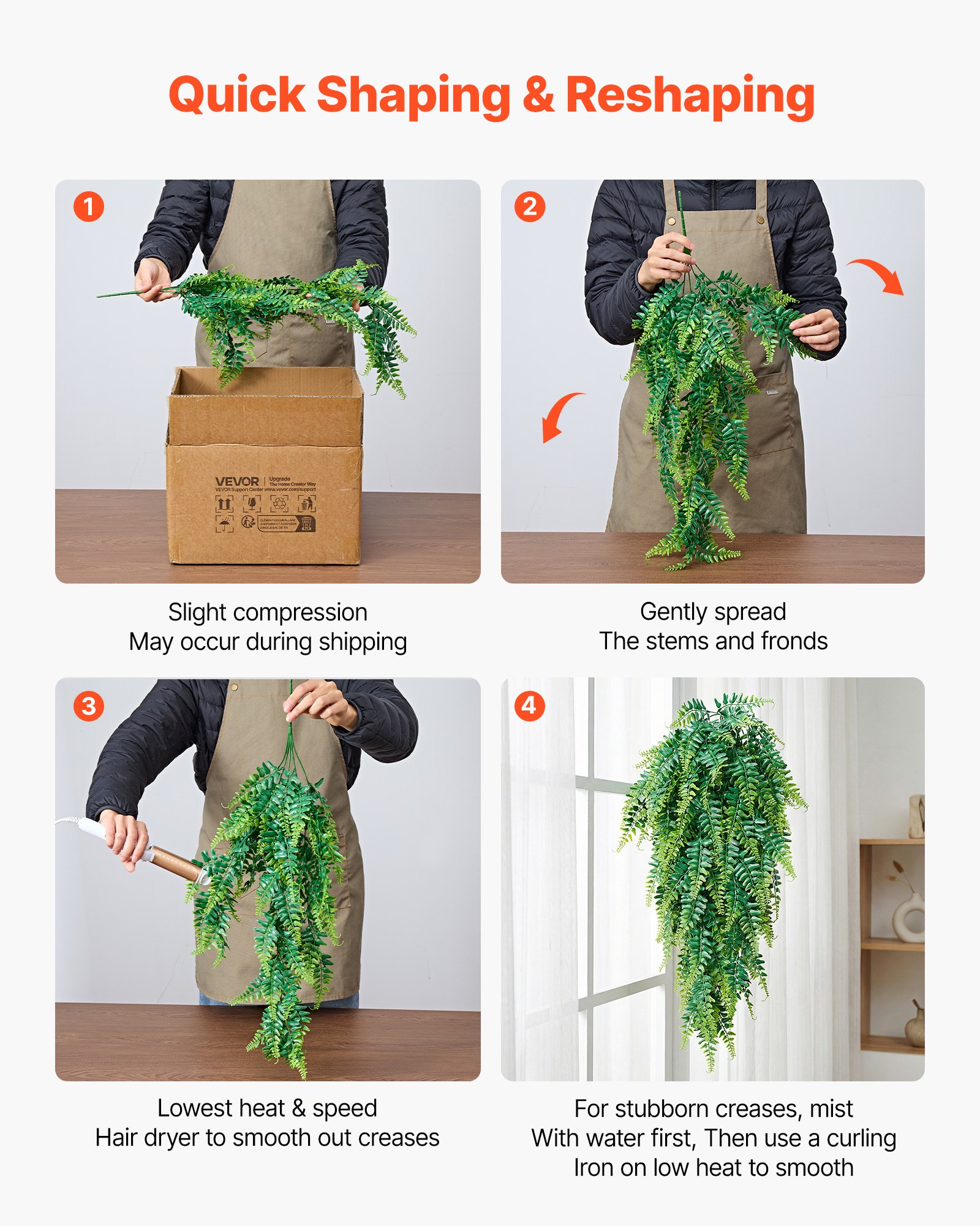 VEVOR Artificial Ferns, 12 Pcs Fake Hanging Boston Fern Bush Plant with 813 mm Hanging Length, Plastic Faux Greenery for Indoor/Outdoor Decor, For Wall, Wedding Party, Home, Porch Garden, No Basket