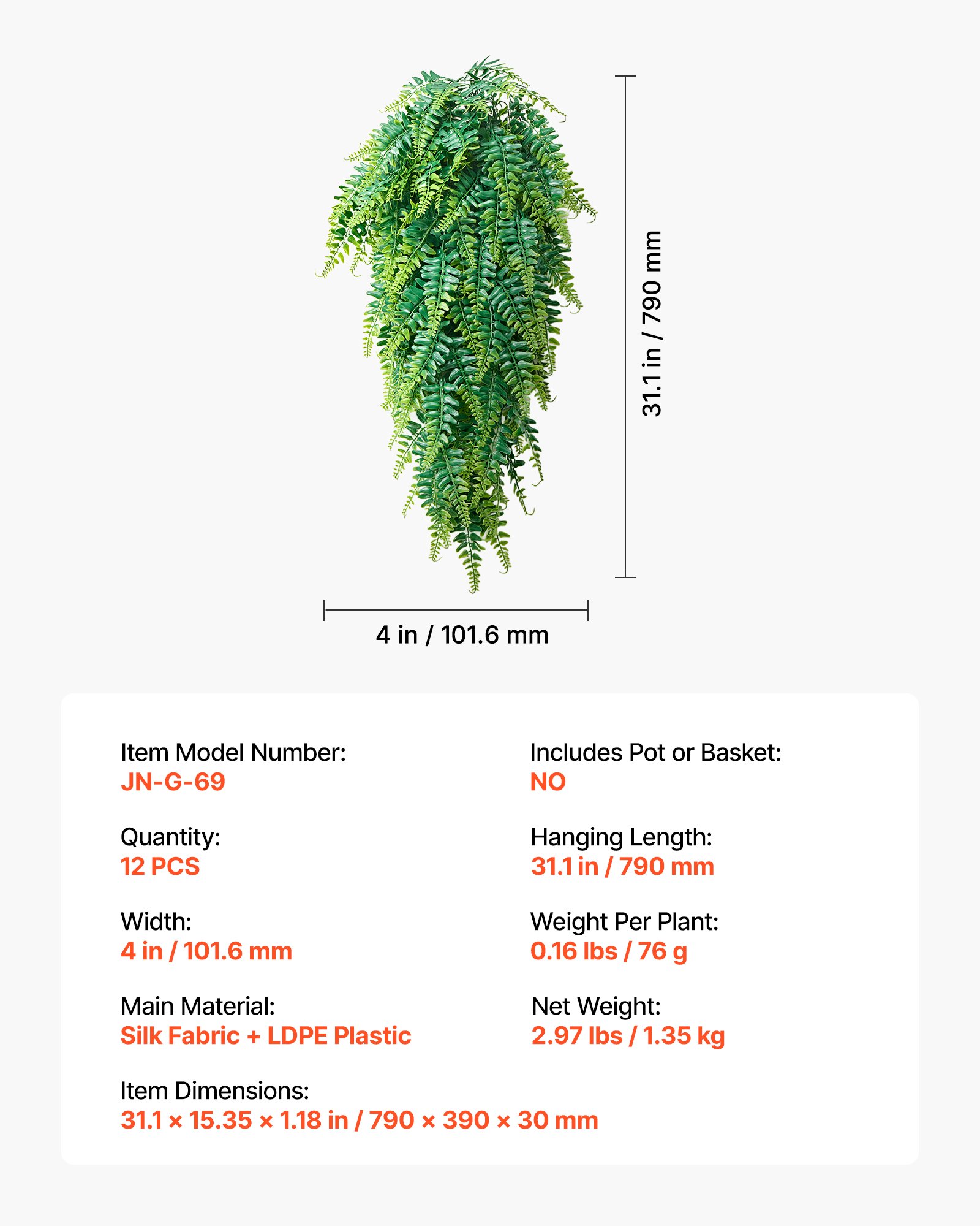 VEVOR Artificial Ferns, 12 Pcs Fake Hanging Boston Fern Bush Plant with 813 mm Hanging Length, Plastic Faux Greenery for Indoor/Outdoor Decor, For Wall, Wedding Party, Home, Porch Garden, No Basket