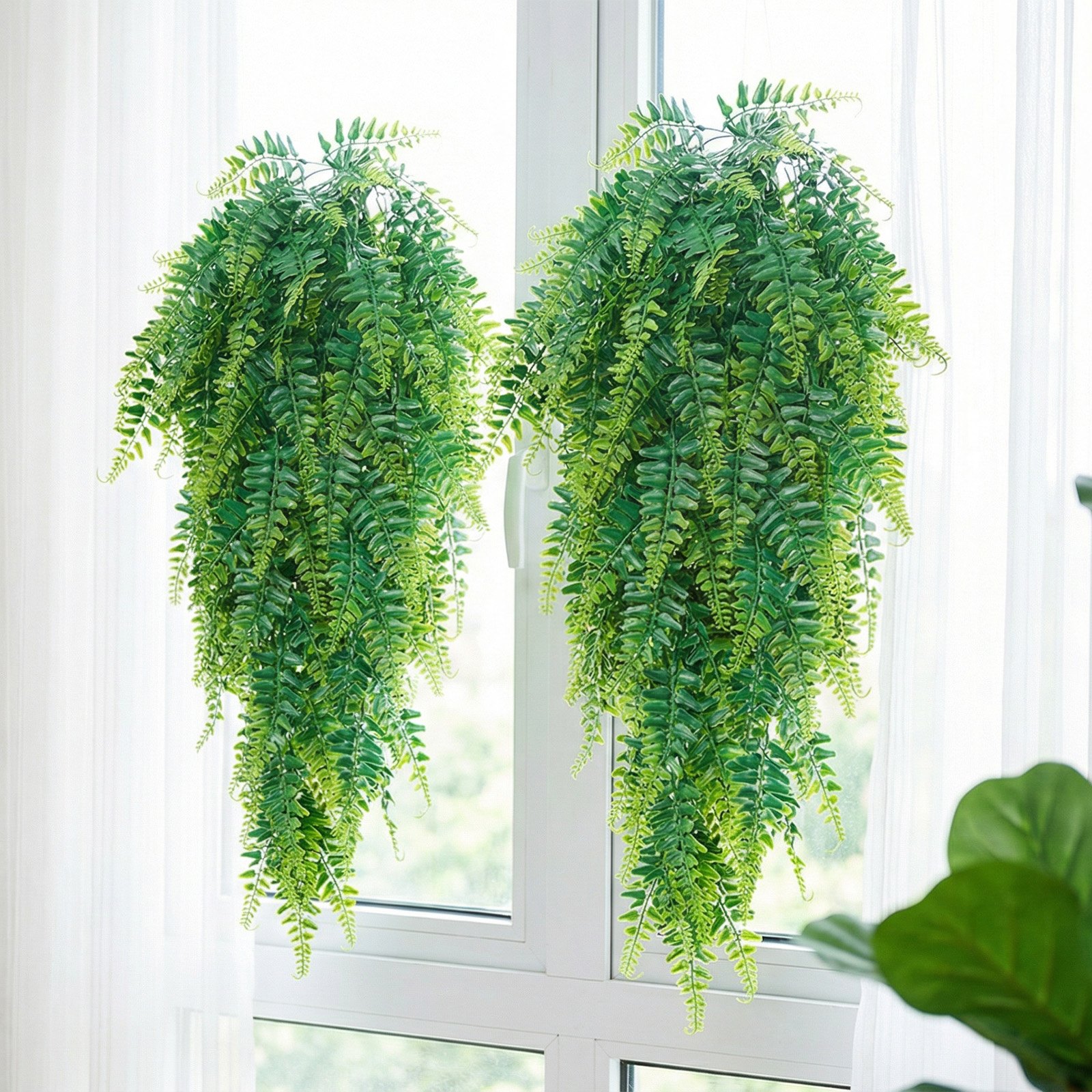 VEVOR Artificial Ferns, 12 Pcs Fake Hanging Boston Fern Bush Plant with 813 mm Hanging Length, Plastic Faux Greenery for Indoor/Outdoor Decor, For Wall, Wedding Party, Home, Porch Garden, No Basket