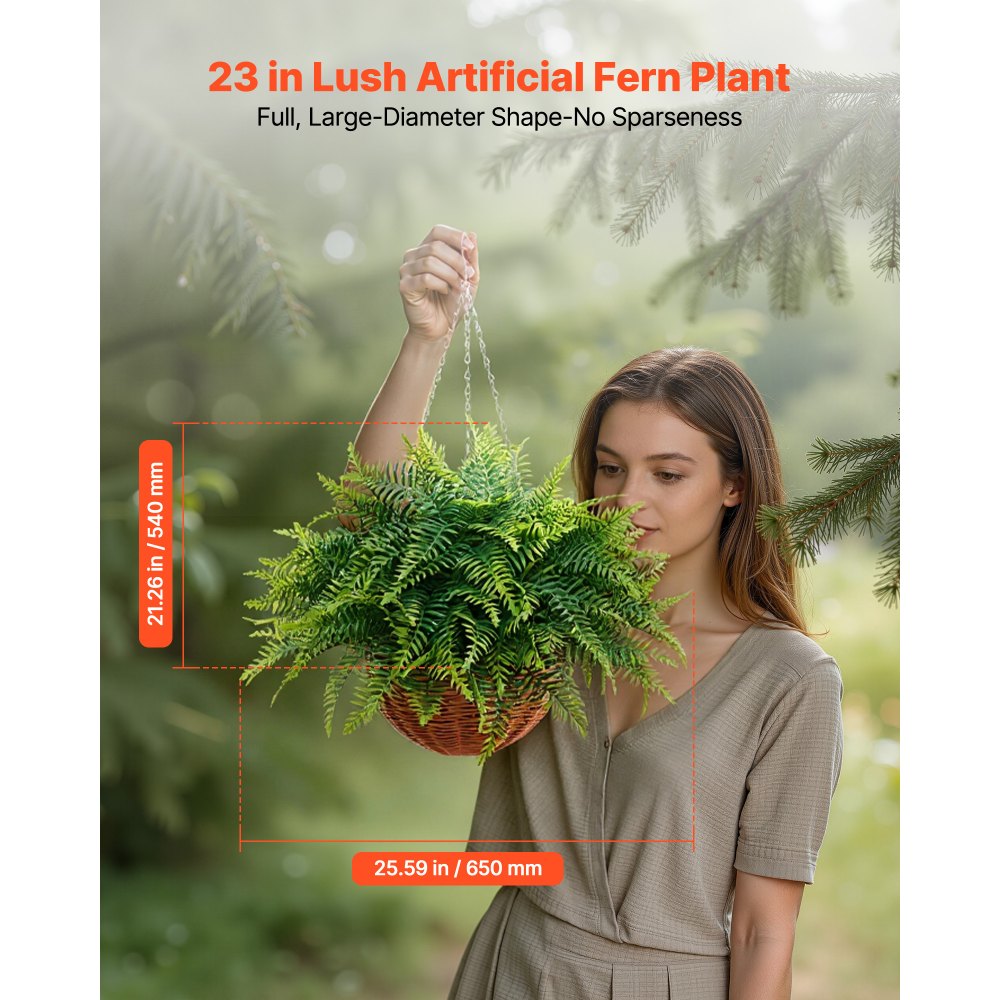 VEVOR Artificial Ferns, 2 Pcs Fake Hanging Boston Fern Bush Plant with 584 mm Hanging Length, Plastic Faux Greenery for Indoor and Outdoor Decor, For Wall, Wedding Party, Home, Porch Garden, Office