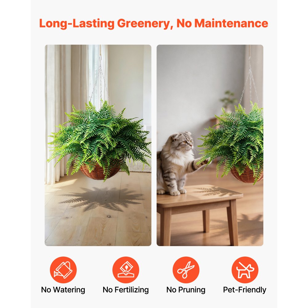 VEVOR Artificial Ferns, 2 Pcs Fake Hanging Boston Fern Bush Plant with 584 mm Hanging Length, Plastic Faux Greenery for Indoor and Outdoor Decor, For Wall, Wedding Party, Home, Porch Garden, Office