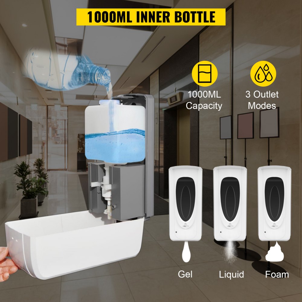 VEVOR Automatic Hand Dispenser Stand 1000ml Infrared Sensing Dispenser 3 Nozzle Modes with Signboard & Tissue Box Hand Dispenser 55''-63'' Height Adjustable for Home Hospital & Public Areas