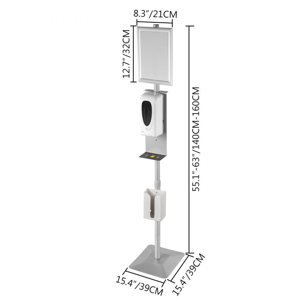 VEVOR Automatic Hand Dispenser Stand 1000ml Infrared Sensing Dispenser 3 Nozzle Modes with Signboard & Tissue Box Hand Dispenser 55''-63'' Height Adjustable for Home Hospital & Public Areas