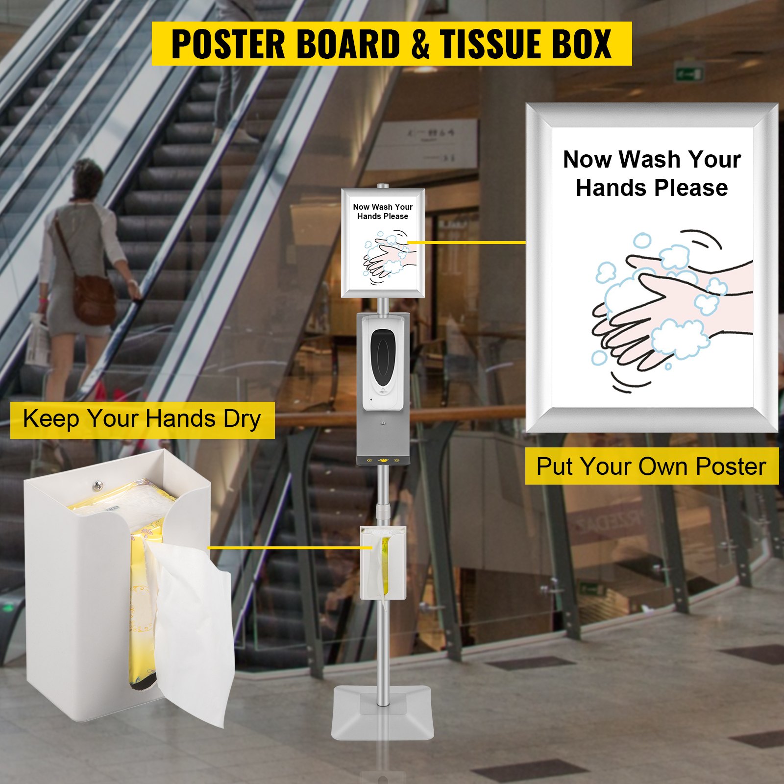VEVOR Automatic Hand Dispenser Stand 1000ml Infrared Sensing Dispenser 3 Nozzle Modes with Signboard & Tissue Box Hand Dispenser 55''-63'' Height Adjustable for Home Hospital & Public Areas