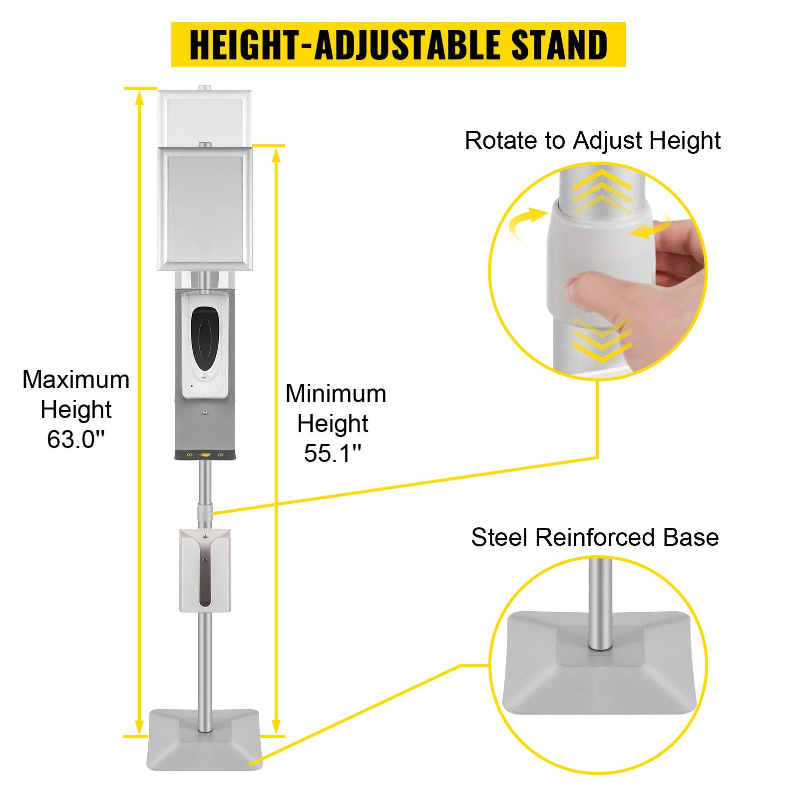 VEVOR Automatic Hand Dispenser Stand 1000ml Infrared Sensing Dispenser 3 Nozzle Modes with Signboard & Tissue Box Hand Dispenser 55''-63'' Height Adjustable for Home Hospital & Public Areas