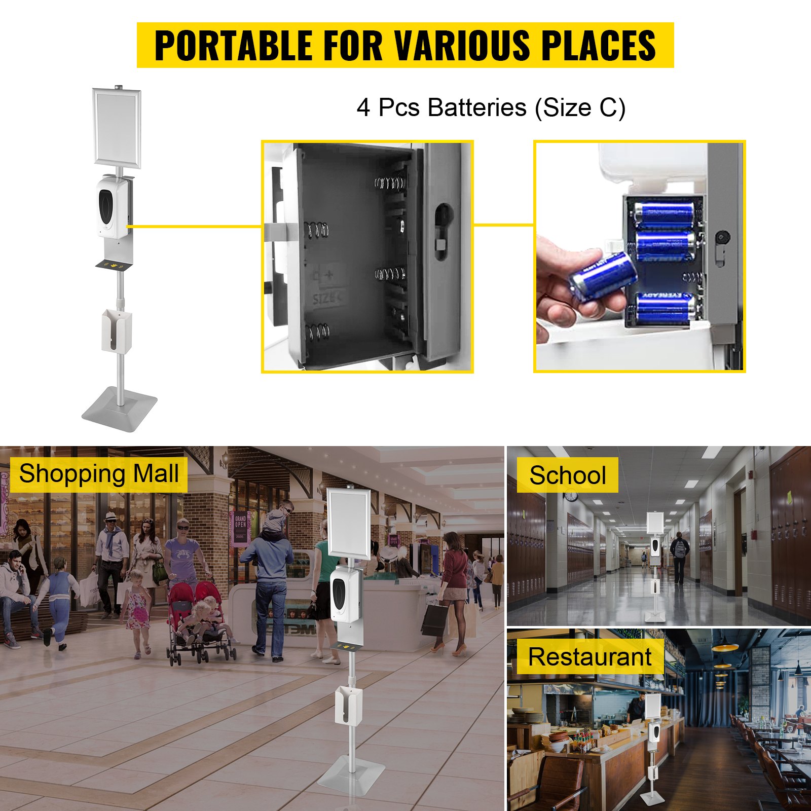 VEVOR Automatic Hand Dispenser Stand 1000ml Infrared Sensing Dispenser 3 Nozzle Modes with Signboard & Tissue Box Hand Dispenser 55''-63'' Height Adjustable for Home Hospital & Public Areas