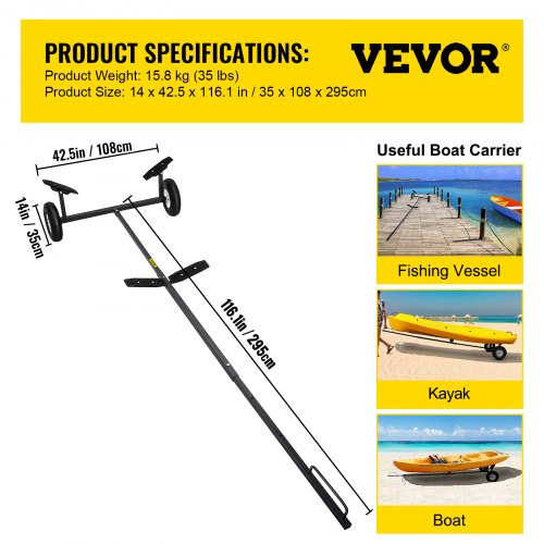 VEVOR Boat Trailer Dolly, 360 lbs Load Capacity Boat Trailer, Hand Dolly Set with 14" Wheels, Heavy Duty Boat Mover Suitable for Boats Under 15ft, Fishing Boats, Small Motors and Sailing Boats