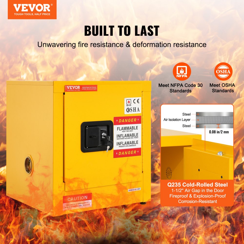 VEVOR flammable cabinet with nfpa and osha standards, fire-resistant, yellow steel.