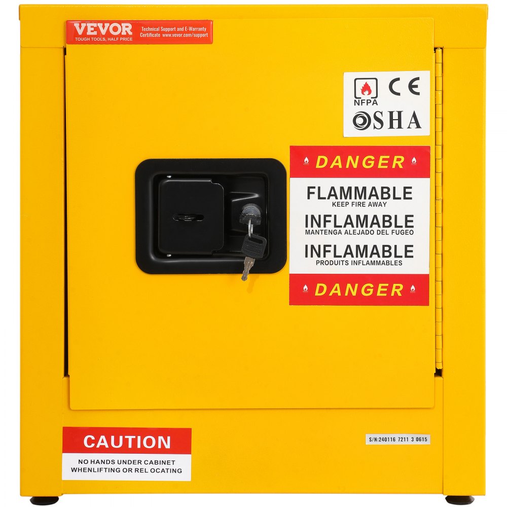 yellow VEVOR flammable cabinet with danger and caution signs, black lock, and key.