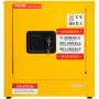 yellow VEVOR flammable cabinet with danger and caution signs, black lock, and key.