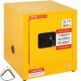 yellow VEVOR flammable cabinet with safety labels and key lock.