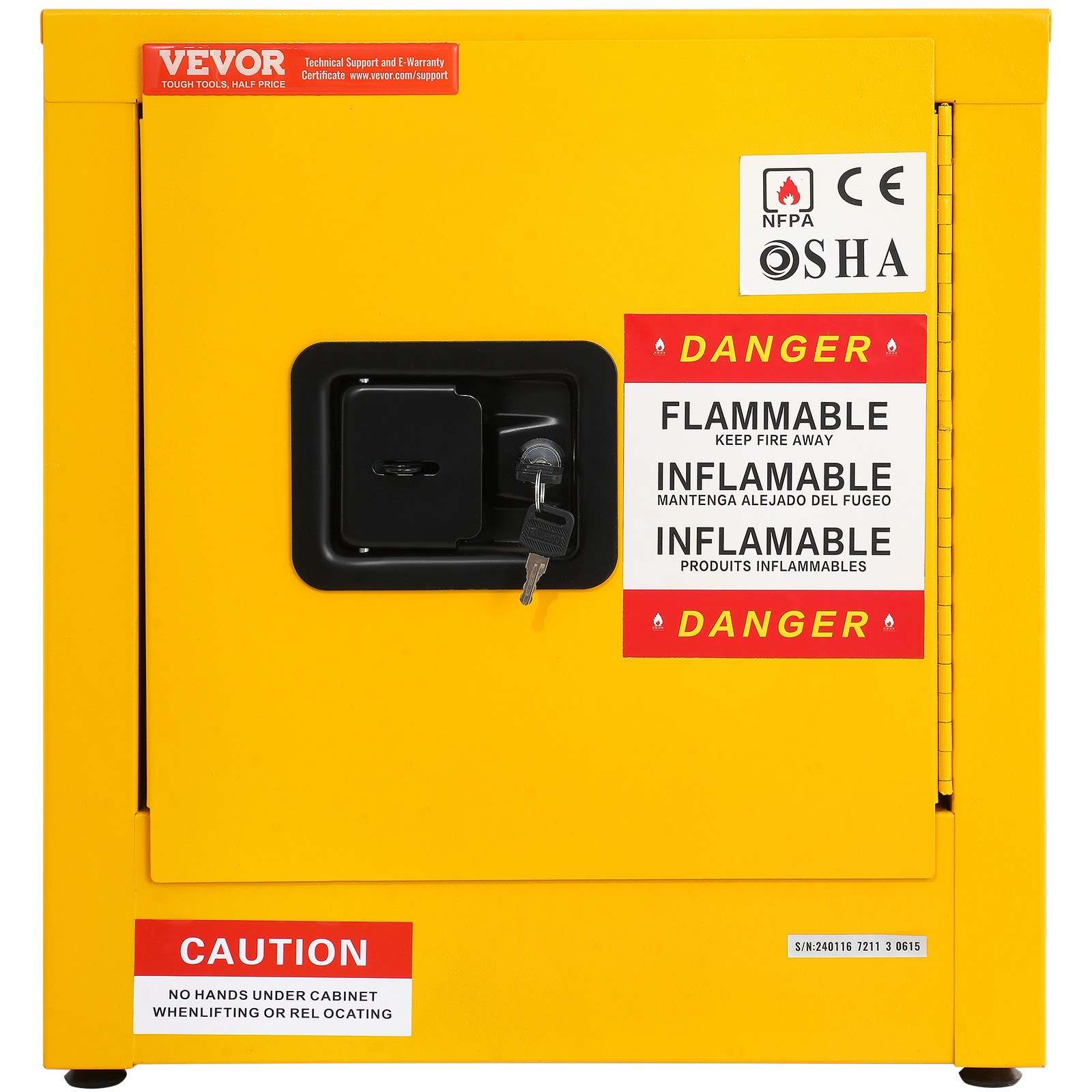 yellow VEVOR flammable cabinet with danger and caution signs, black lock, and key.