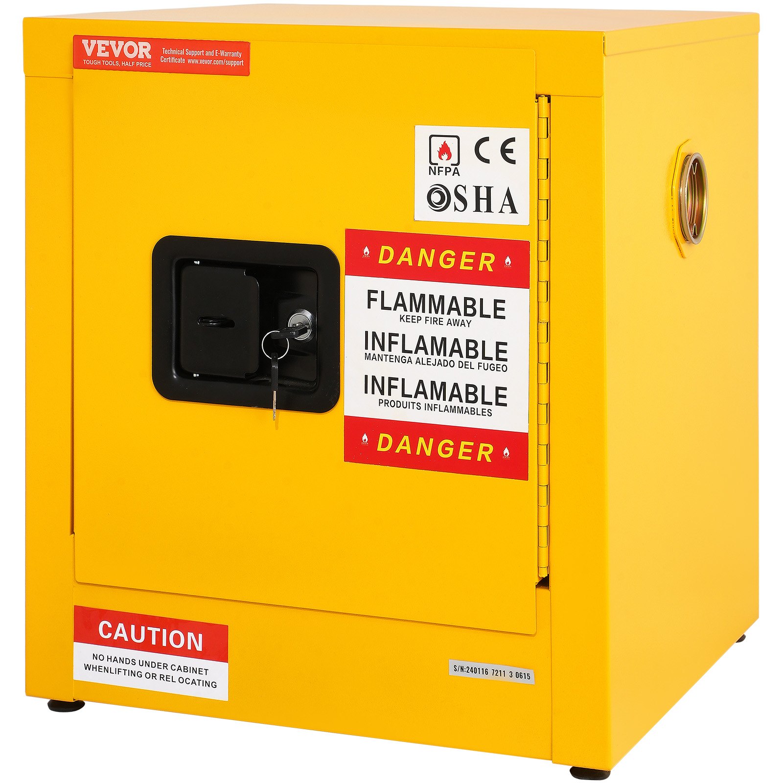 yellow VEVOR flammable cabinet with hazard labels and lockable door.