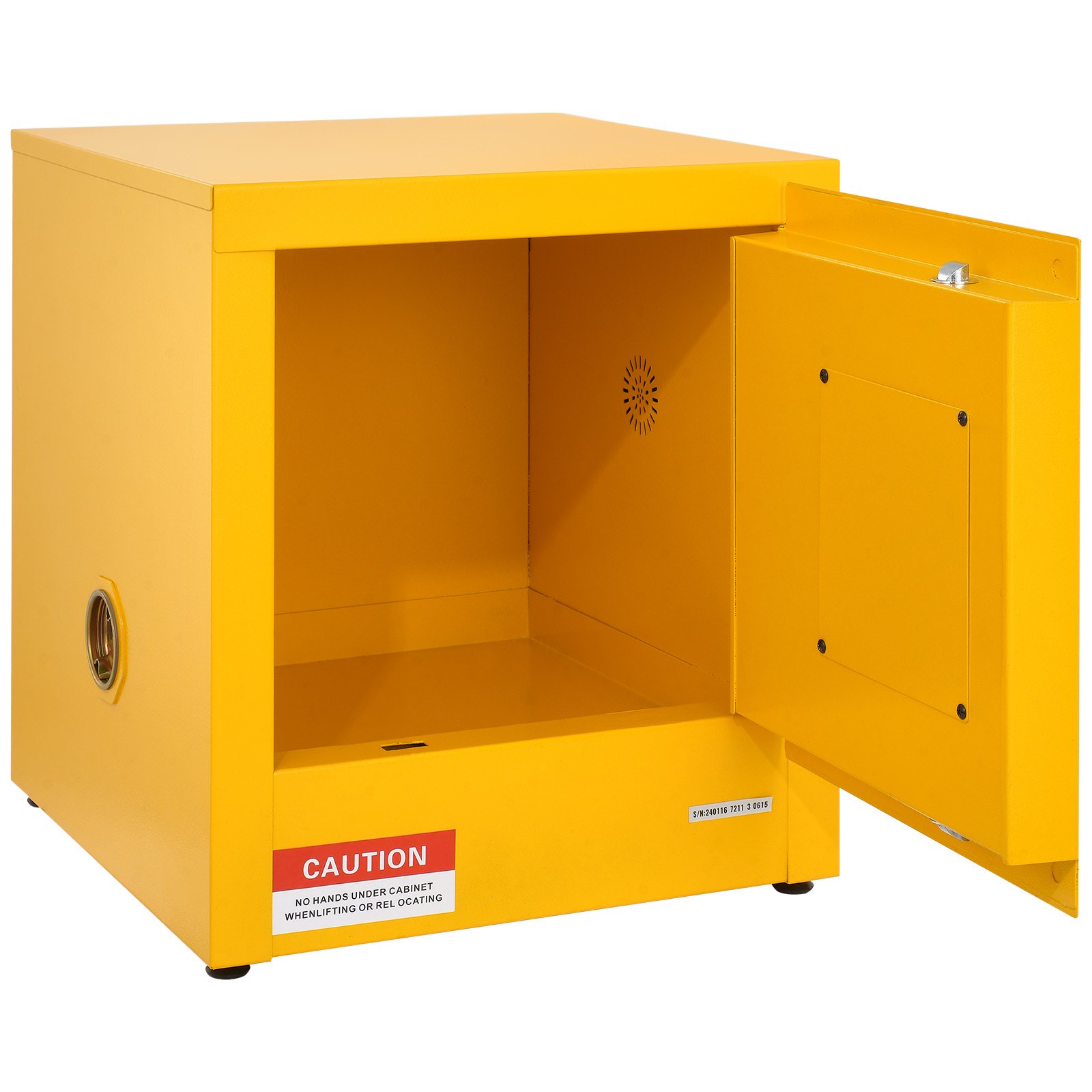 yellow VEVOR flammable cabinet with an open door and safety caution label.