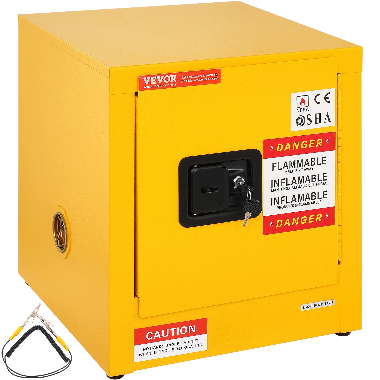 yellow VEVOR flammable cabinet with safety labels and key lock.