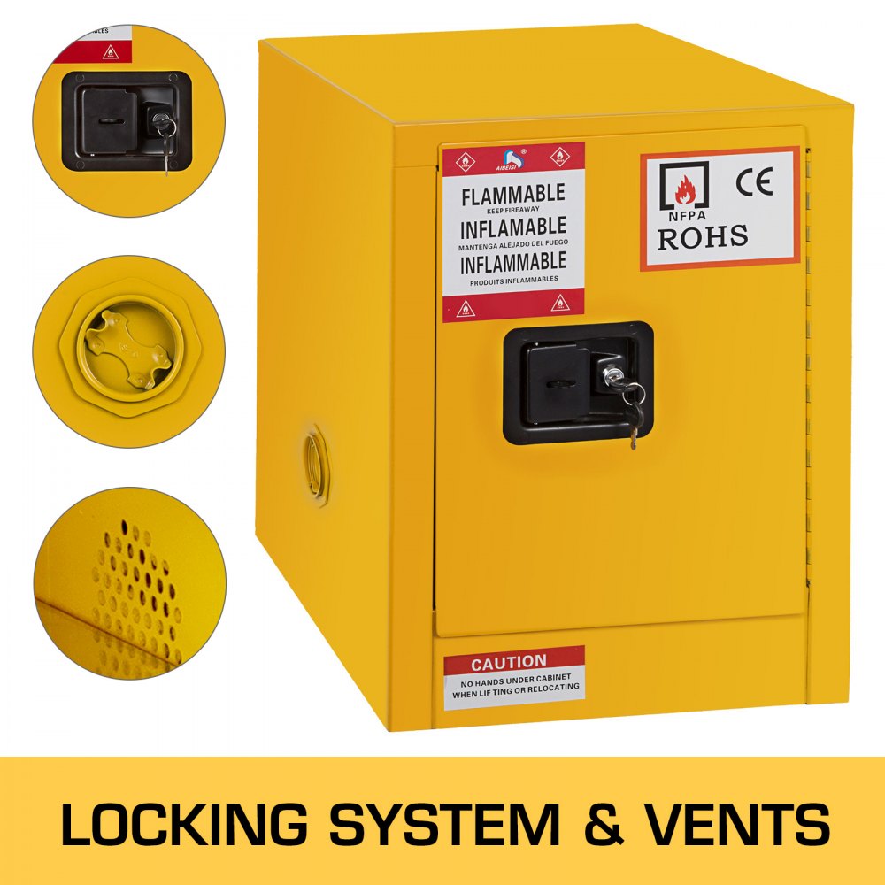 36 Gallon Yellow Safety Storage Cabinet Single Door Leak-proof Warning Label