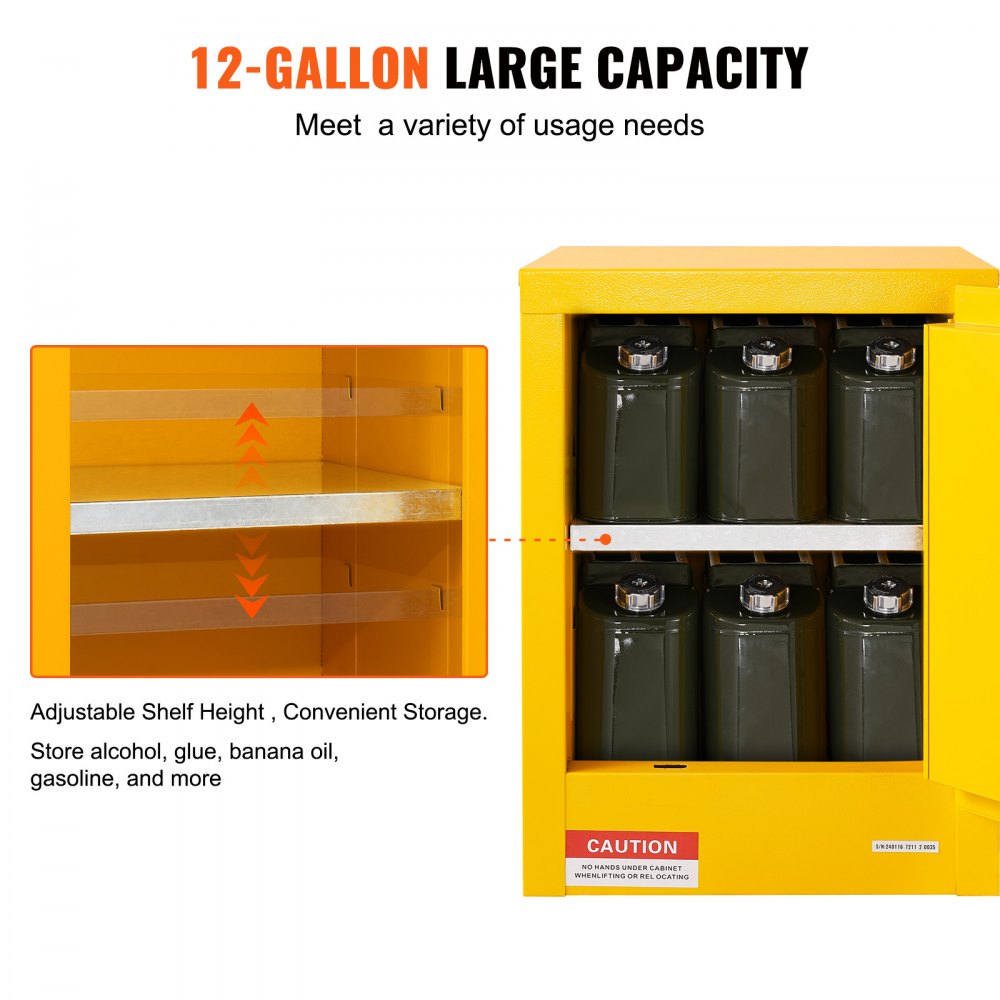 VEVOR 12 Gallon Safety Cabinet for Flammable Liquids Single door and Manual Close Yellow Hazardous Storage