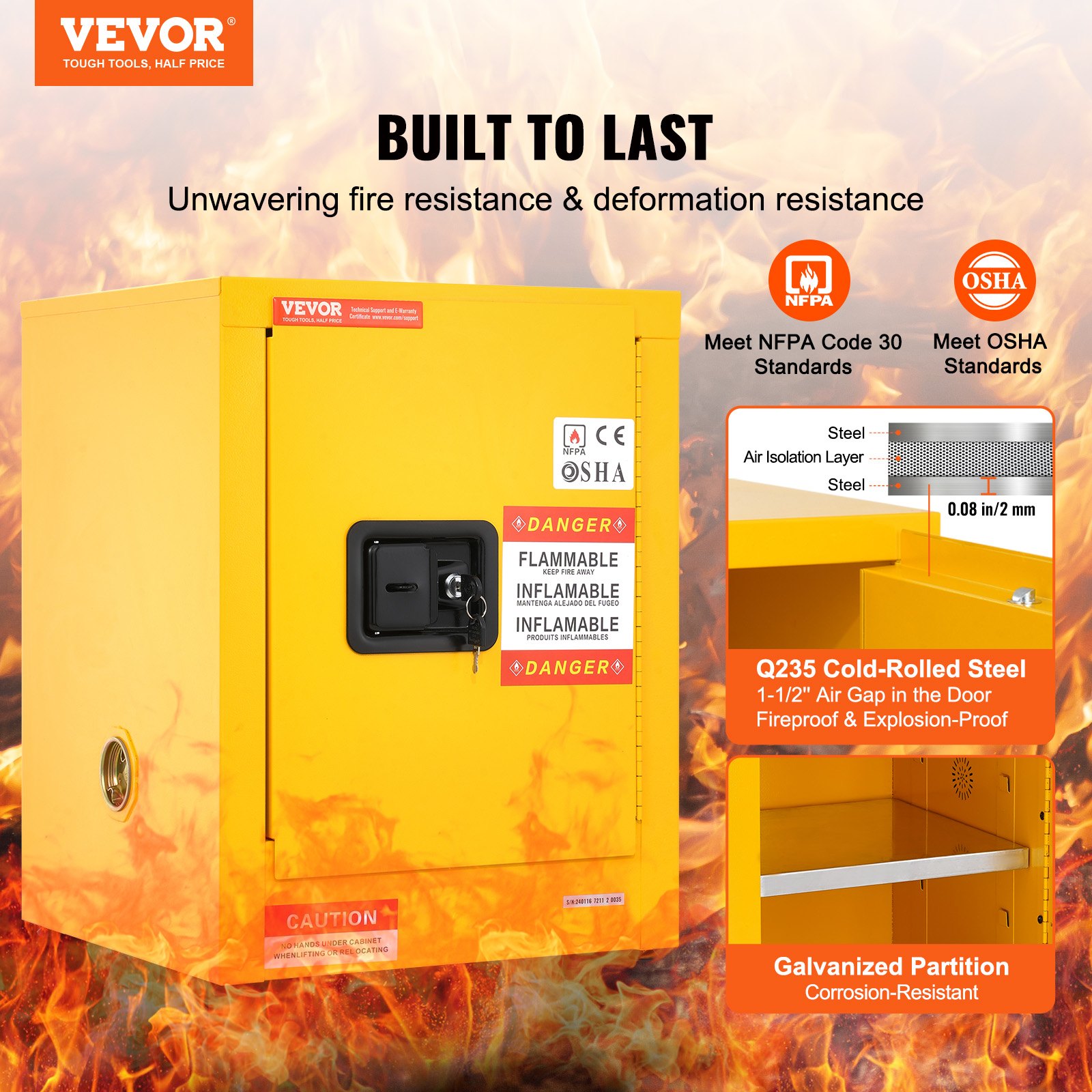 VEVOR Flammable Safety Cabinet, 12 Gal, Cold-Rolled Steel Flammable Liquid Storage Cabinet, 16.9 x 16.9 x 22 in Explosion Proof with 1 Adjustable Shelf 1 Door for Commercial Industrial Use, Yellow