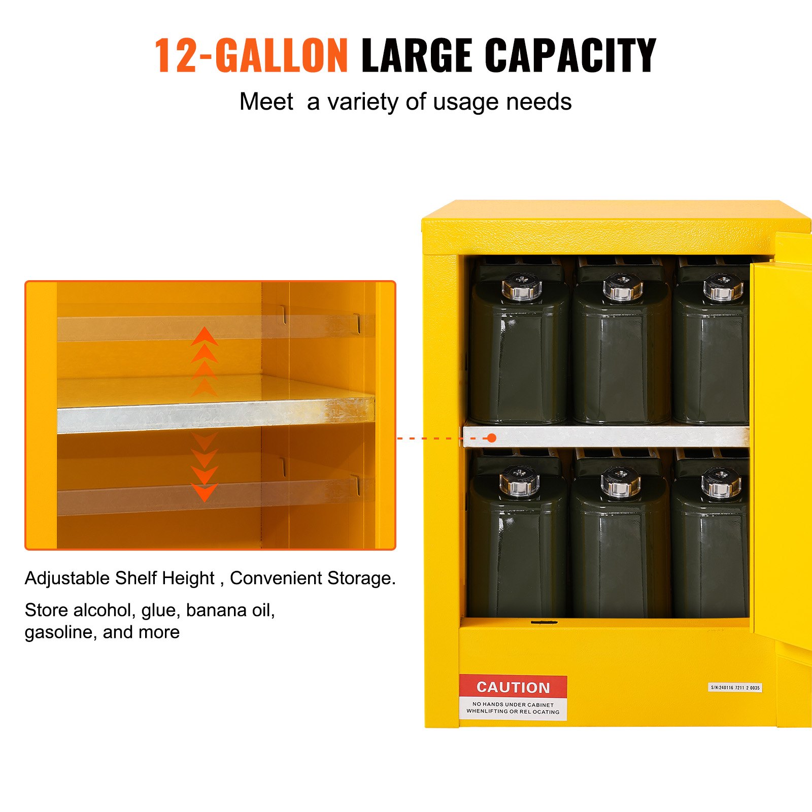 VEVOR Flammable Safety Cabinet, 12 Gal, Cold-Rolled Steel Flammable Liquid Storage Cabinet, 16.9 x 16.9 x 22 in Explosion Proof with 1 Adjustable Shelf 1 Door for Commercial Industrial Use, Yellow