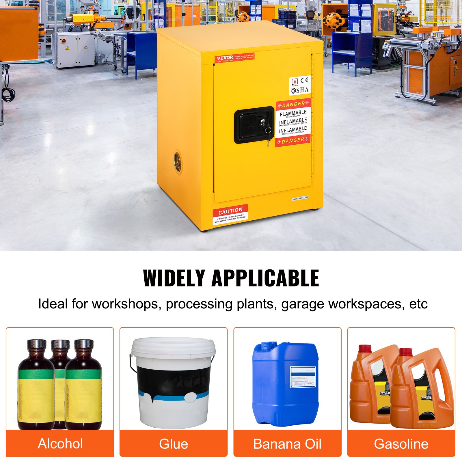 VEVOR Flammable Safety Cabinet, 12 Gal, Cold-Rolled Steel Flammable Liquid Storage Cabinet, 16.9 x 16.9 x 22 in Explosion Proof with 1 Adjustable Shelf 1 Door for Commercial Industrial Use, Yellow