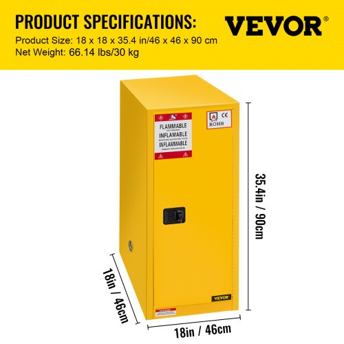 VEVOR Flammable Cabinet 18" x 18" x 35", Galvanized Steel Safety Cabinet, Adjustable Shelf Flammable Storage Cabinet, for Commercial Industrial and Home Use