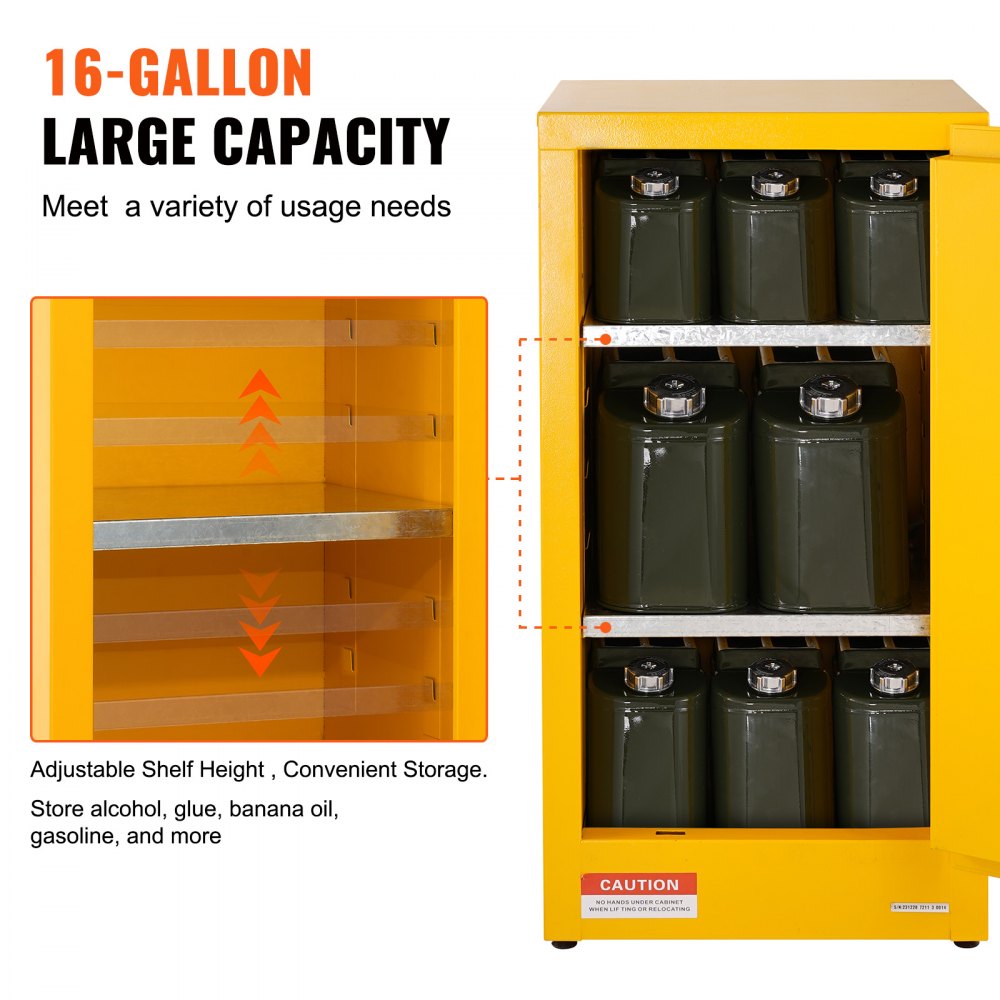 VEVOR Flammable Safety Cabinet, 16 Gal, Cold-Rolled Steel Flammable Liquid Storage Cabinet, 18.1 x 18.1 x 35.4 in Explosion Proof with 2 Adjustable Shelves 1 Door for Commercial Industrial Use, Yellow