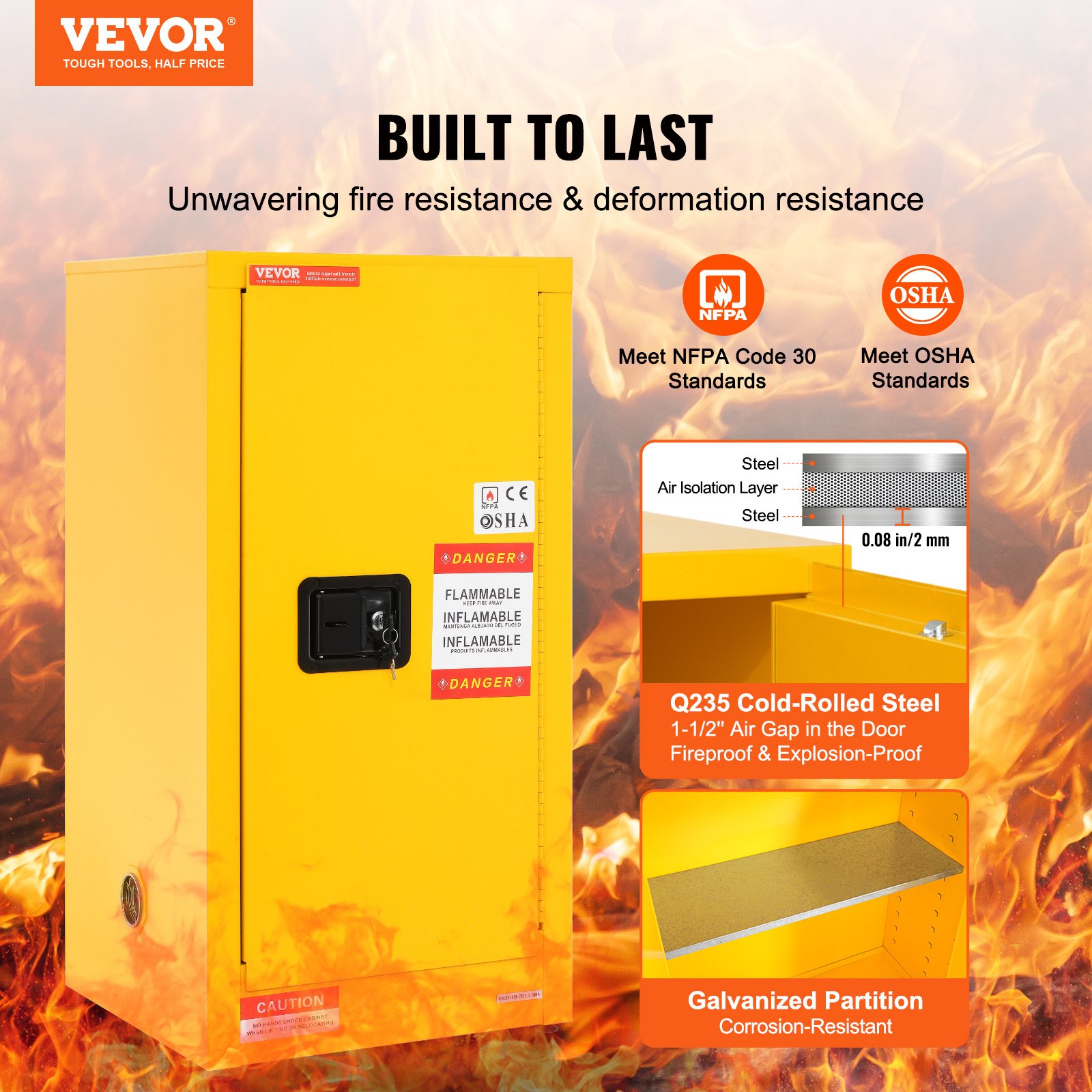 VEVOR Flammable Safety Cabinet, 16 Gal, Cold-Rolled Steel Flammable Liquid Storage Cabinet, 18.1 x 18.1 x 35.4 in Explosion Proof with 2 Adjustable Shelves 1 Door for Commercial Industrial Use, Yellow