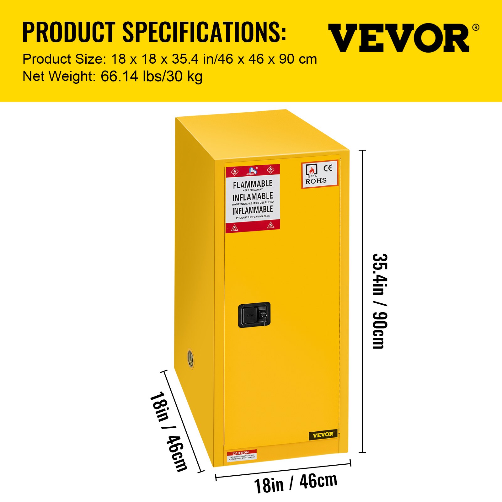 VEVOR Safety Cabinet for Flammable Liquids Single door and Manual Close Yellow Hazardous Storage 18.1 x 18.1 x 35.4in