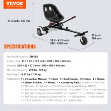 VEVOR Fixation de siège pour hoverboard, pour hoverboards de 6,5", 8", 8,5" et 10", système d'absorption des chocs double, contrôle des poignées, longueur réglable, capacité de charge de 270 lb, fixation pour buggy Hover Board, pour enfants et adultes
