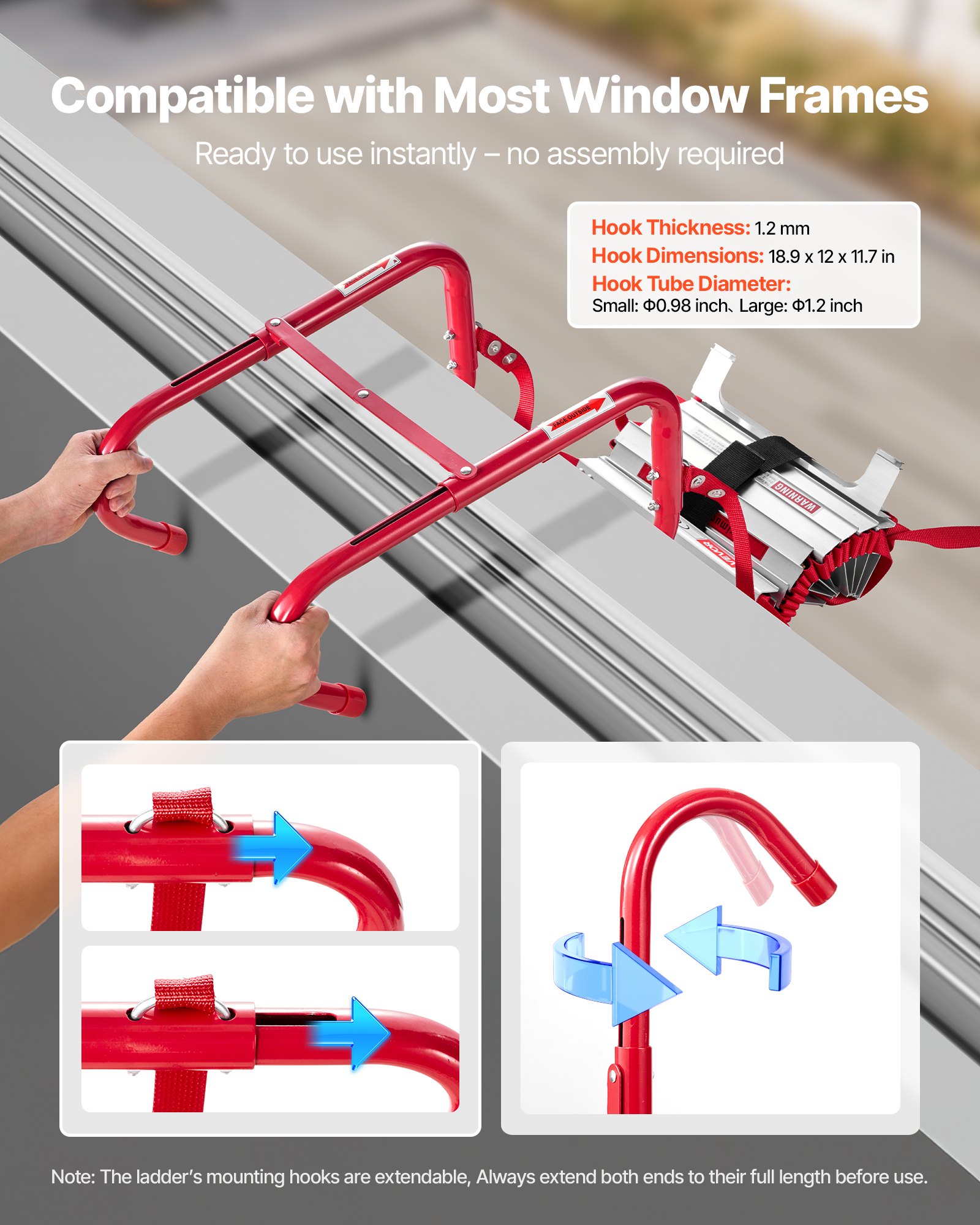 VEVOR Fire Escape Ladder, 5-6 Story 50FT Retractable Emergency Fire Ladder, Lightweight Aluminum Alloy Safety Escape Tool with Sturdy Polyester Strap, Anti-Slip & Wide Rungs, 1000LBS Max Loading