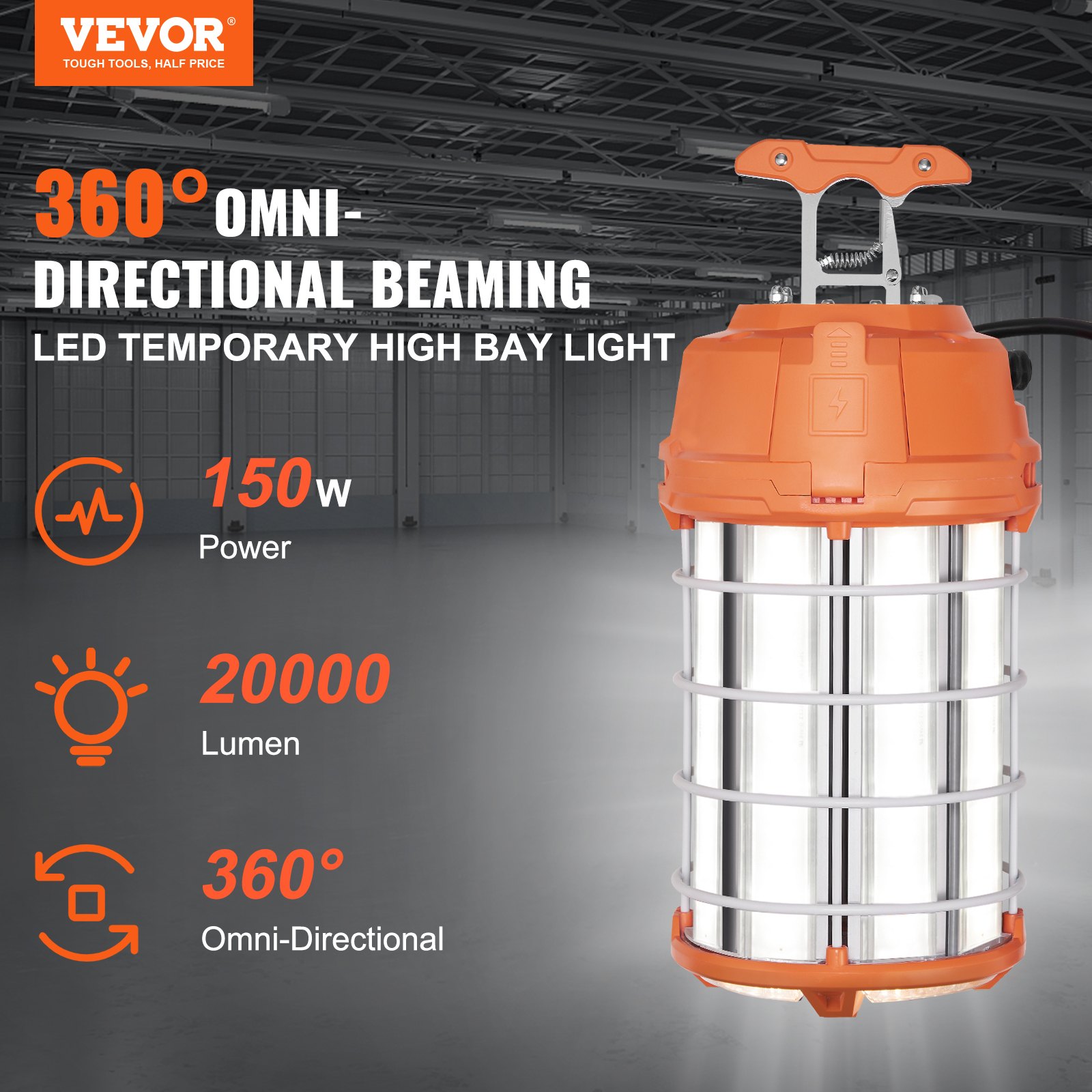 VEVOR LED Portable Work Lamp, 150W, 20000lm, 5000K Durable & Water-Resistant, Linkable up to 6 Units, Ceiling or Stand Job Site Illumination for Both Indoor & Outdoor Use