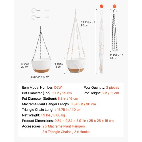 VEVOR 10 Inch Hanging Planter - 2 pieces, 15.75 in
