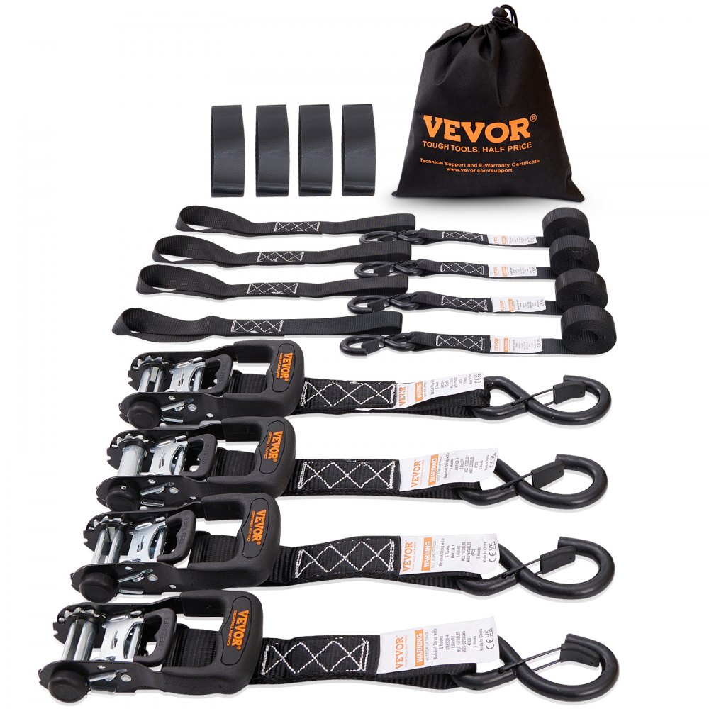 VEVOR Ratchet Tie Down Straps (4PK), 5208 lb Maks Break Strength, Inkluderer 4 Premium 1,6" x 8" Rachet Tie Downs med polstrede håndtak, for flytting av sikring av last, apparater, plenutstyr, motorsykkel