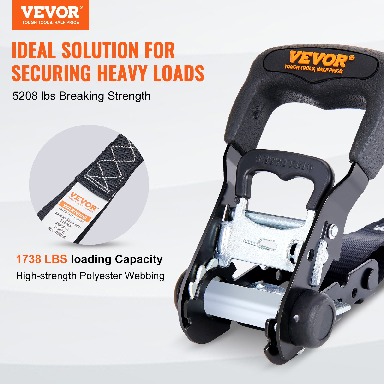 VEVOR Ratchet Tie Down Straps (4 Pack), 2362 kg Max Break Strength, Includes 4 Premium 1.6" x 8' Rachet Tie Downs with Padded Handles, for Moving Securing Cargo, Appliances, Lawn Equipment, Motorcycle