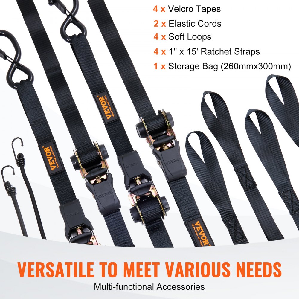 VEVOR Ratchet Tie Down Straps (4 Pack), 998 kg Max Break Strength, Includes 4 Premium 25.4 mm x 4.6 m Rachet Tie Downs with Padded Handles, for Moving Securing Cargo, Appliances, Lawn Equipment, Motorcycle