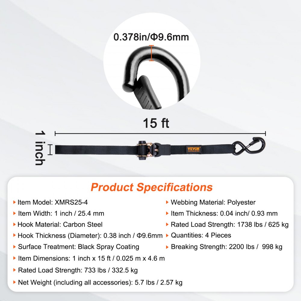 VEVOR Ratchet Tie Down Straps (4 Pack), 998 kg Max Break Strength, Includes 4 Premium 25.4 mm x 4.6 m Rachet Tie Downs with Padded Handles, for Moving Securing Cargo, Appliances, Lawn Equipment, Motorcycle