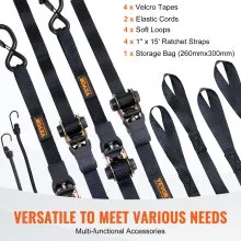 VEVOR Ratchet Tie Down Straps (4PK), 2200 lb Max Break Strength, Includes 4 Premium 1" x 15' Rachet Tie Downs with Padded Handles, for Moving Securing Cargo, Appliances, Lawn Equipment, Motorcycle