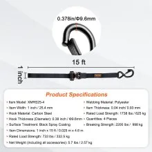 VEVOR Ratchet Tie Down Straps (4PK), 2200 lb Max Break Strength, Includes 4 Premium 1" x 15' Rachet Tie Downs with Padded Handles, for Moving Securing Cargo, Appliances, Lawn Equipment, Motorcycle