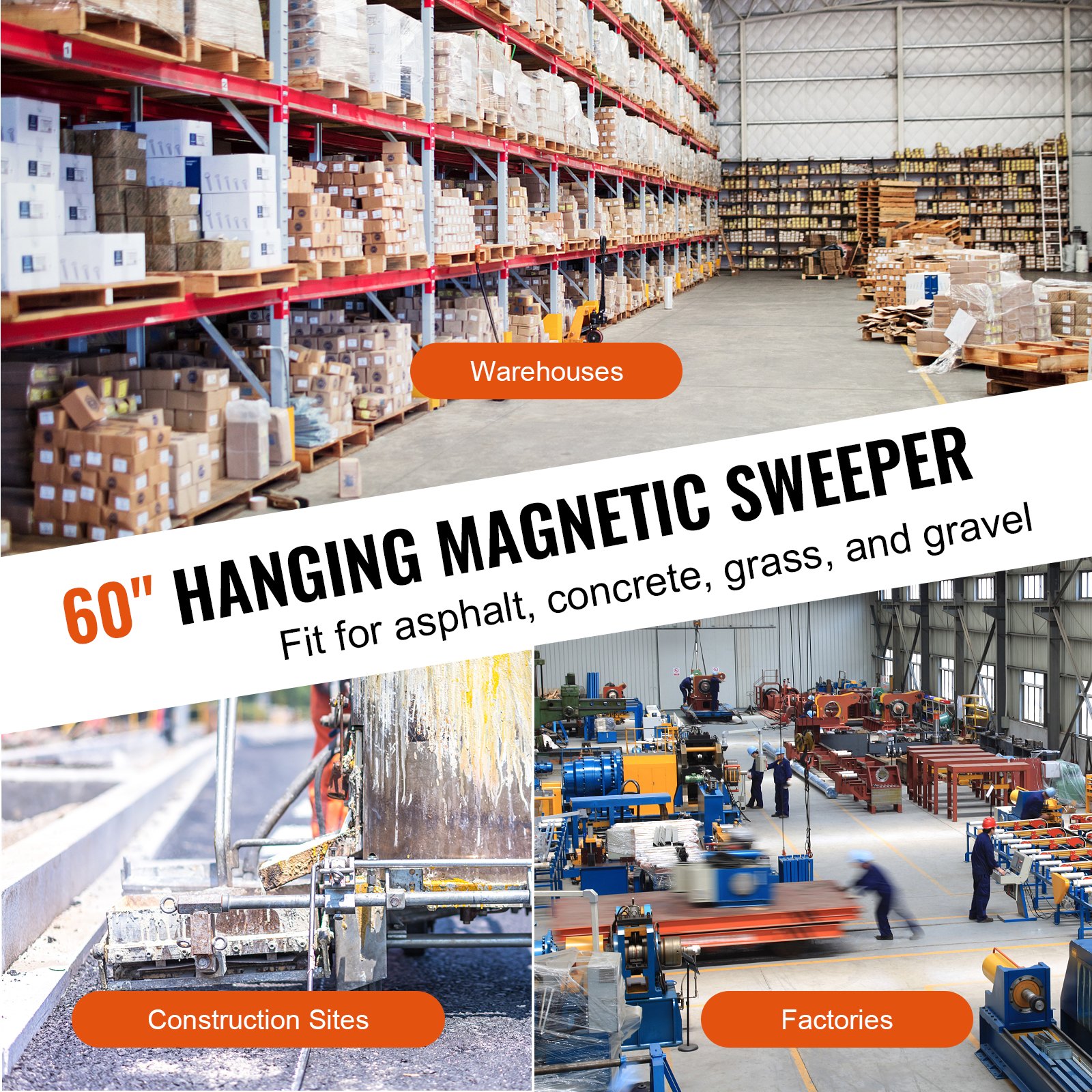 VEVOR Hanging Magnetic Sweeper Pickup Tool, 93lbs Nail Hang-Type Magnetic Forklift Sweeper, Industrial Grade Magnets Steel Material Hunting Accessories for Picking Up Nails Bolts Iron Chips Metals