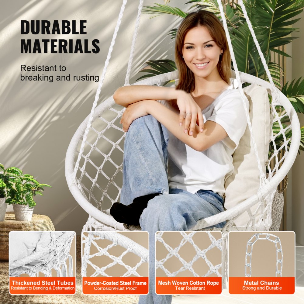 VEVOR Hanging Hammock Swing Chair, 330 lbs Capacity, Macramé Hanging Chair with Cushion and Mounting Hardware, Cotton Rope Swing Chair for Bedroom, Balcony, Patio, Garden, White
