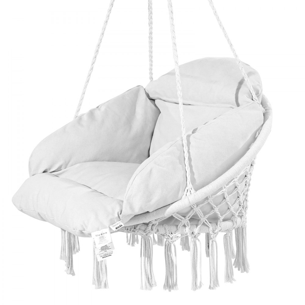 VEVOR Hanging Hammock Swing Chair, Macramé Hanging Chair with Cushion and Mounting Hardware, Cotton Rope Swing Chair for Bedroom, Balcony, Patio, Garden, 264 lbs Capacity, White