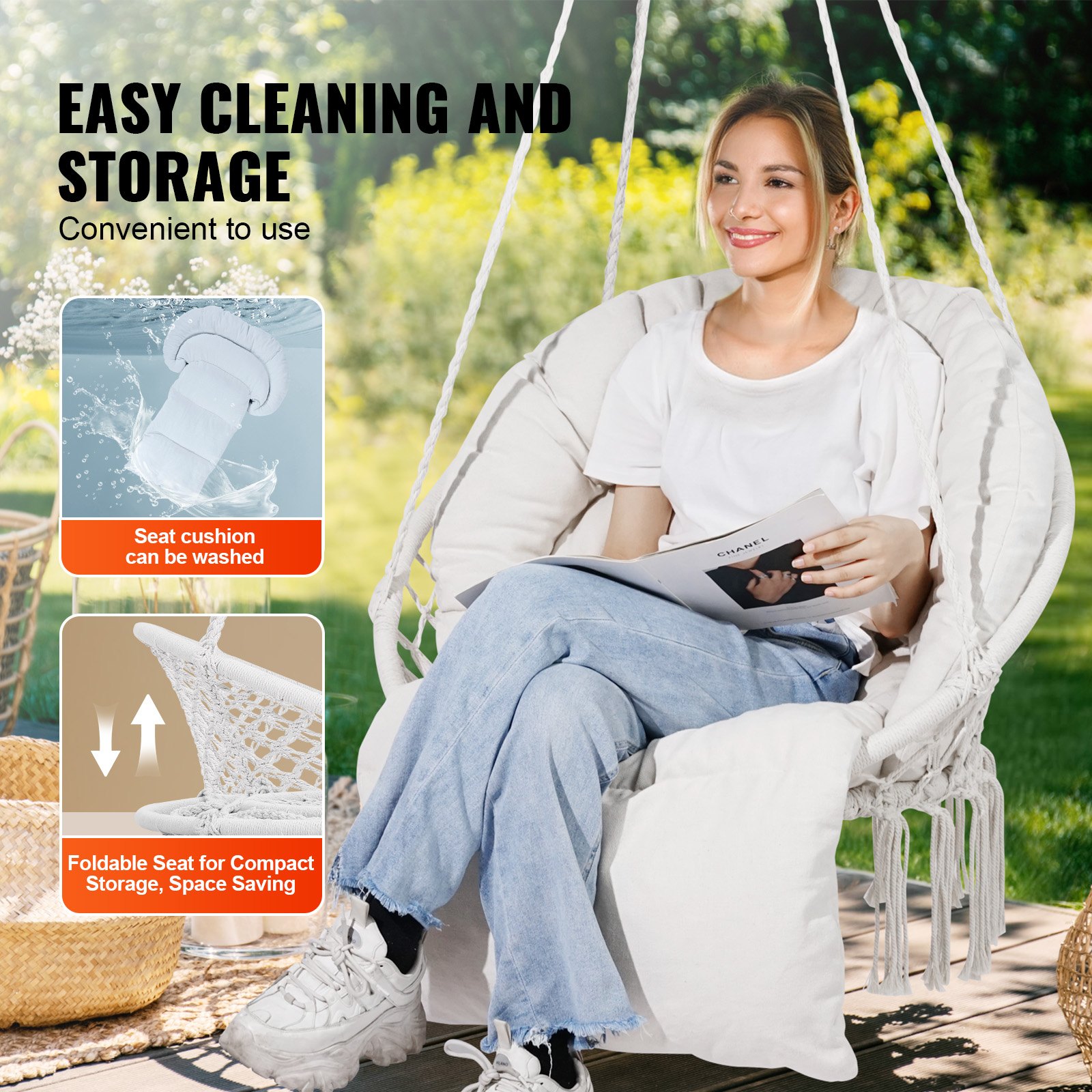 VEVOR Hanging Hammock Swing Chair, 330 Lbs Capacity, Macramé Hanging Chair with Cushion and Mounting Hardware, Cotton Rope Swing Chair for Bedroom, Balcony, Patio, Garden, Beige