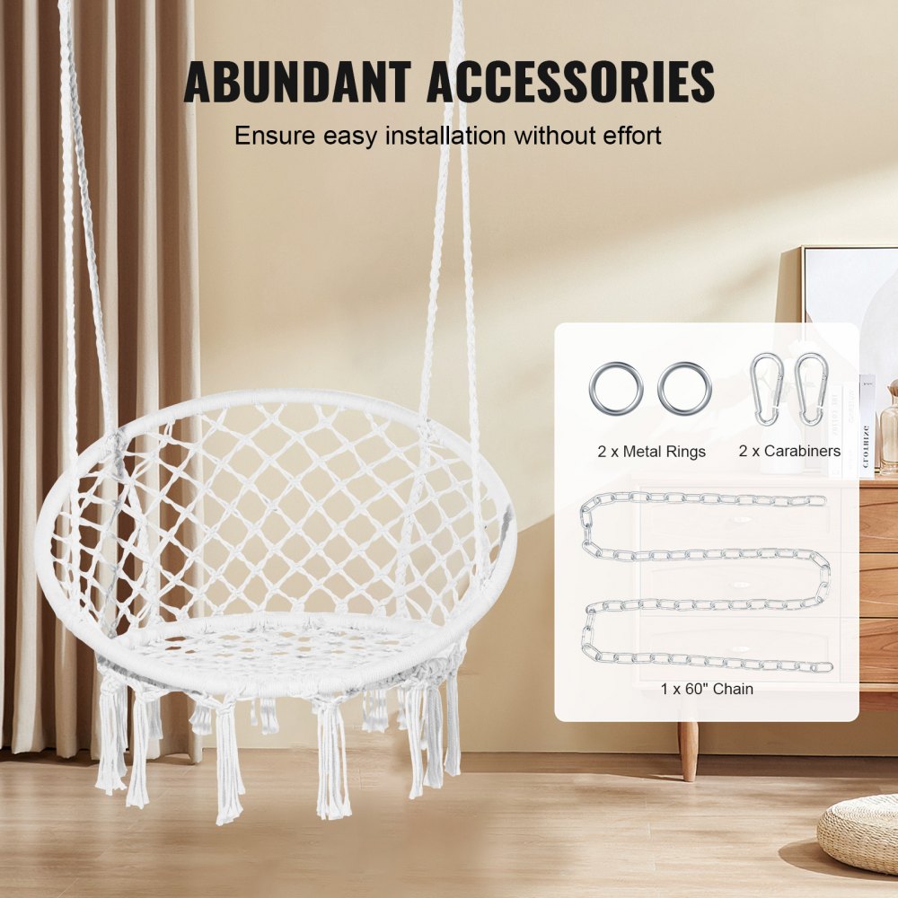 VEVOR Hanging Hammock Swing Chair, 150 kg Capacity, Macramé Hanging Chair with Mounting Hardware, Cotton Rope Swing Chair for Bedroom, Balcony, Patio, Garden, White