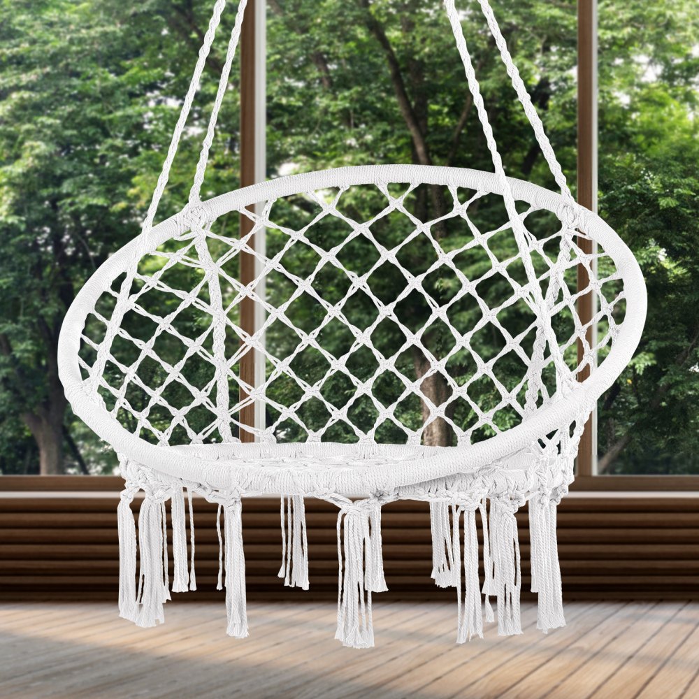 VEVOR Hanging Hammock Swing Chair, 150 kg Capacity, Macramé Hanging Chair with Mounting Hardware, Cotton Rope Swing Chair for Bedroom, Balcony, Patio, Garden, White
