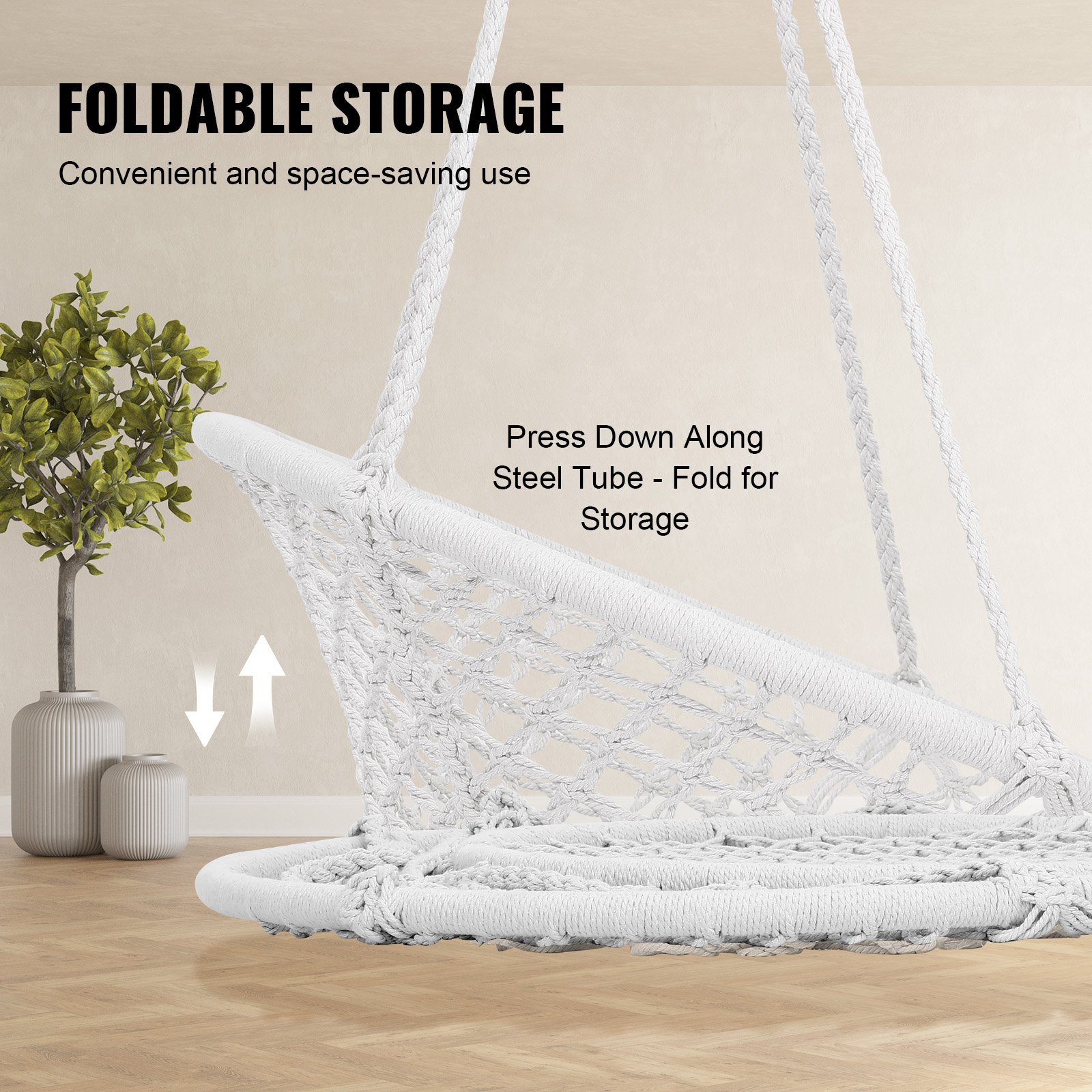 VEVOR Hanging Hammock Swing Chair, 150 kg Capacity, Macramé Hanging Chair with Mounting Hardware, Cotton Rope Swing Chair for Bedroom, Balcony, Patio, Garden, White