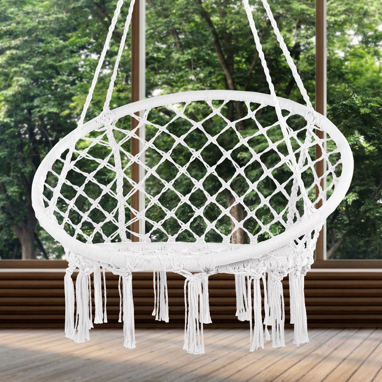 VEVOR Hanging Hammock Swing Chair, 150 kg Capacity, Macramé Hanging Chair with Mounting Hardware, Cotton Rope Swing Chair for Bedroom, Balcony, Patio, Garden, White