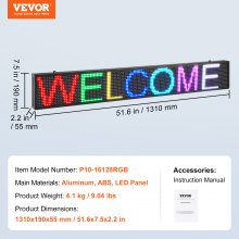 VEVOR 131x19cm Προγραμματιζόμενη πινακίδα LED Πίνακας Οθόνης κύλισης P10 Πλήρης Έγχρωμη